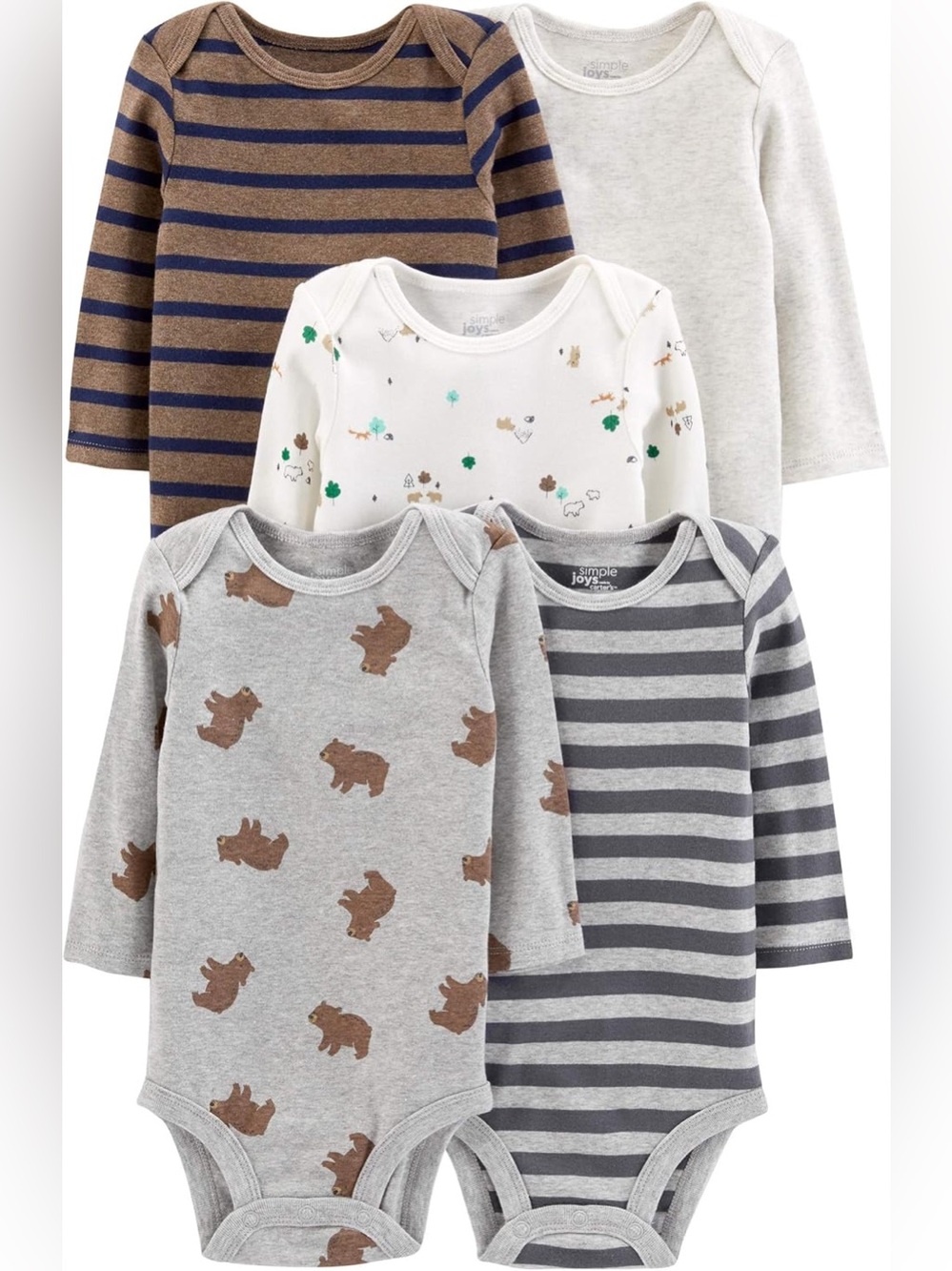 Simple Joys Baby Long-Sleeve Bodysuit 6-Pack - Gray, Brown, Navy, Cream